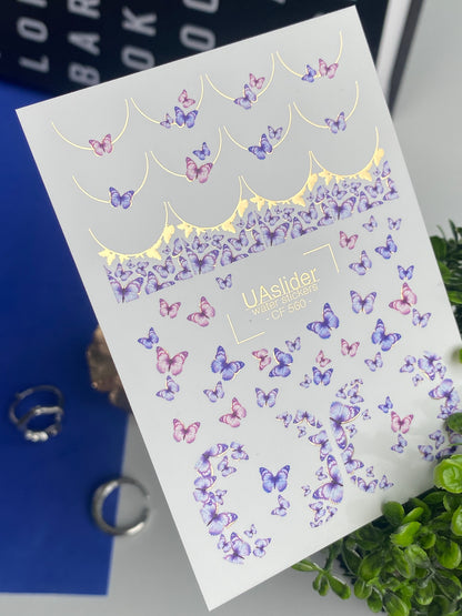 Nálepka na nehty CF-560 | Vodní nálepky na nehty s motýly | Fialové a růžové nehtové umění