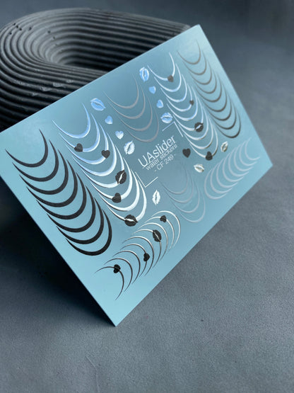 ネイルウォーターデカール CF-249 | フレンチウォータースライドネイルデカール | 黒と銀のハート付き曲線