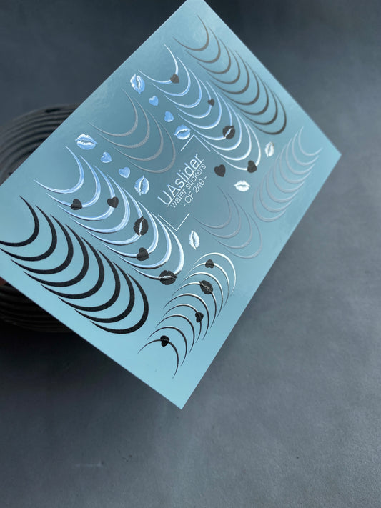 Nail Water Decal CF-249 | French Water Slide Nail Decals | Black & Silver Curved Lines with Hearts