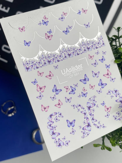 Vodní nálepky na nehty CF-561 | Vodní nálepky na nehty s motivem motýlů | Fialové a růžové francouzské nehtové umění