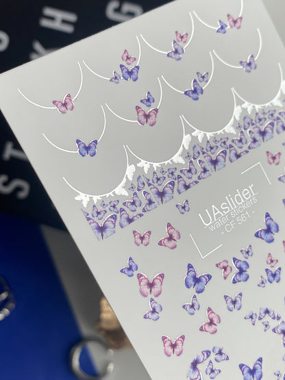 Vodní nálepky na nehty CF-561 | Vodní nálepky na nehty s motivem motýlů | Fialové a růžové francouzské nehtové umění