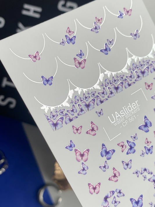 Nail Water Decal CF-561 | Water Slide Nail Decals with Butterflies | Purple and Pink French Nail Art