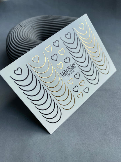 Decalcomanii de apă pentru unghii CF-258 | Decalcomanii franțuzești pentru unghii cu alunecare pe apă | Linii negre și aurii cu inimioare