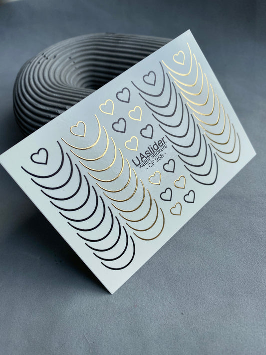 Nail Water Decal CF-258 | French Water Slide Nail Decals | Black & Gold Lines with Hearts