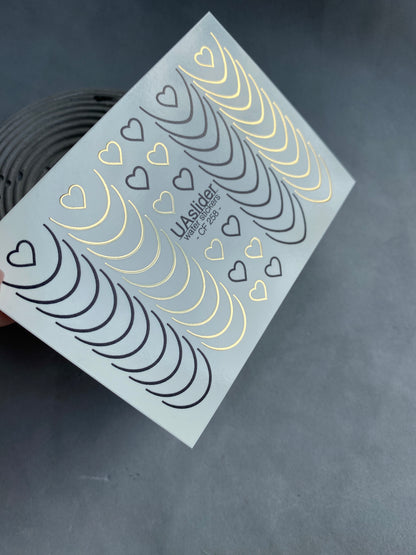 Decalcomanii de apă pentru unghii CF-258 | Decalcomanii franțuzești pentru unghii cu alunecare pe apă | Linii negre și aurii cu inimioare