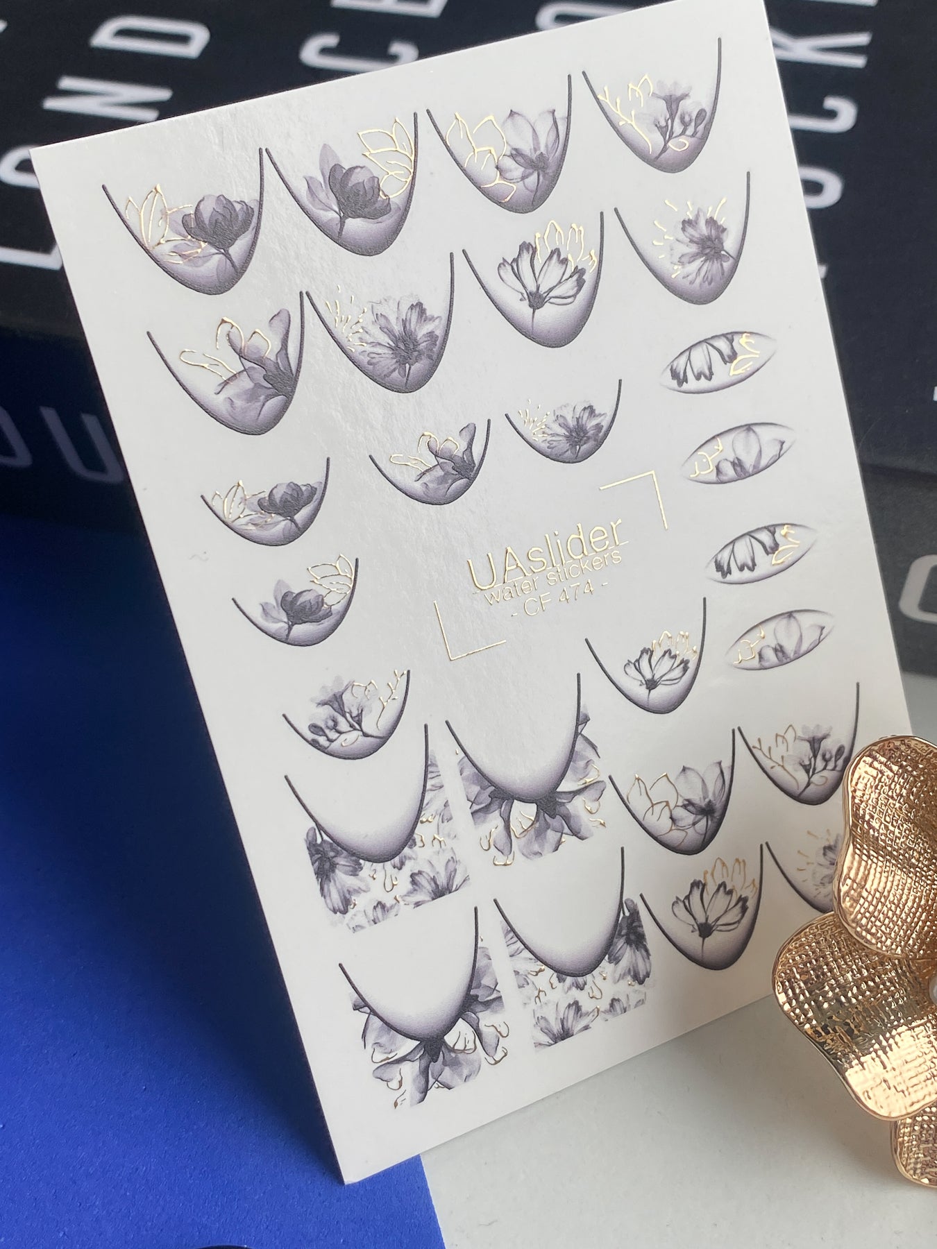 Nail Water Decal CF-474 | Elegant Floral Nail Decals | Grey Lilac Flowers with Gold Details - UASLIDER