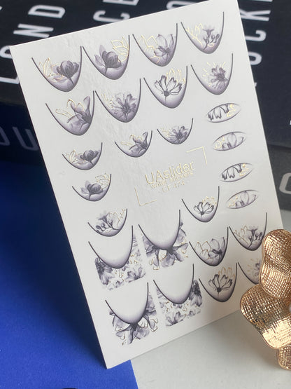 Nail Water Decal CF-474 | Elegant Floral Nail Decals | Grey Lilac Flowers with Gold Details