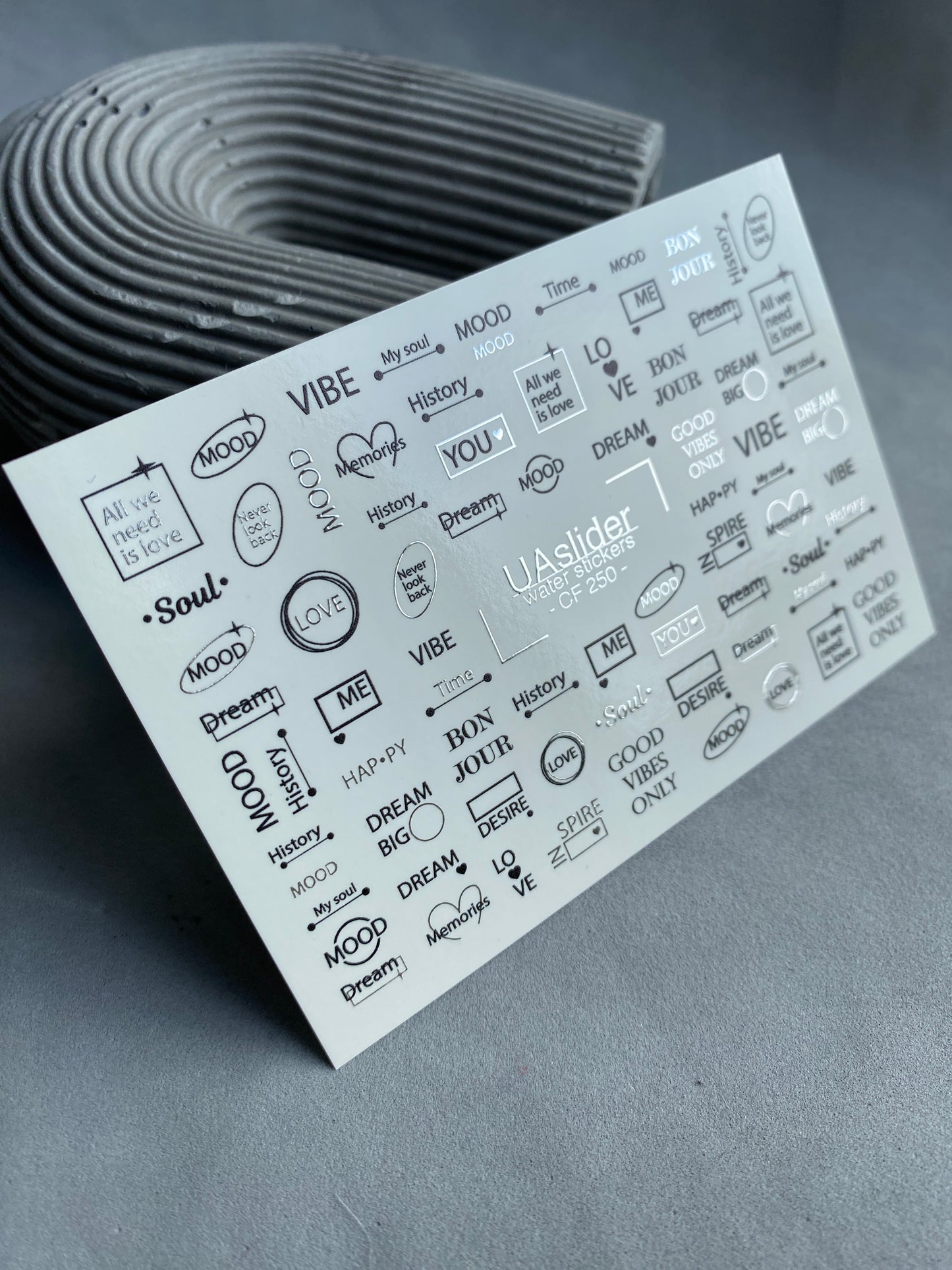 Nail Water Decal CF-250 | Minimalist Water Slide Nail Decals | Black & Silver Quotes and Words