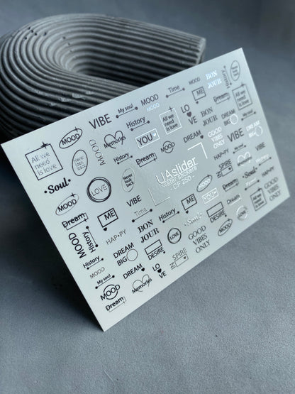 Nail Water Decal CF-250 | Minimalist Water Slide Nail Decals | Black & Silver Quotes and Words