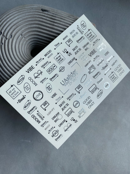 Nail Water Decal CF-250 | Minimalist Water Slide Nail Decals | Black & Silver Quotes and Words