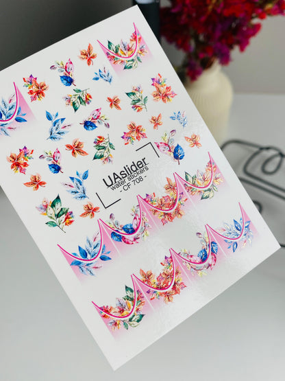 Nail Water Decal CF-708 | Water Slide Nail Decals | French Floral Design in Bright Colors