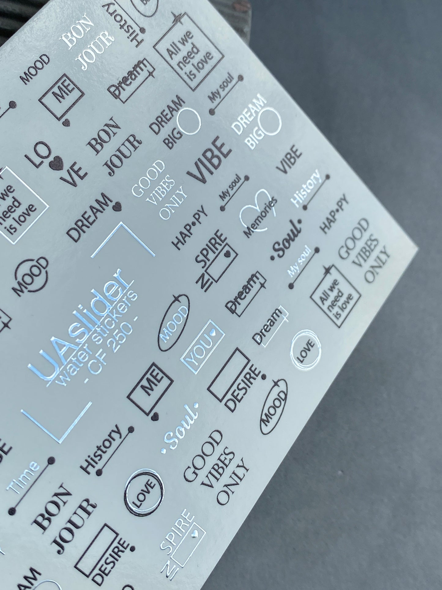 Nail Water Decal CF-250 | Minimalist Water Slide Nail Decals | Black & Silver Quotes and Words