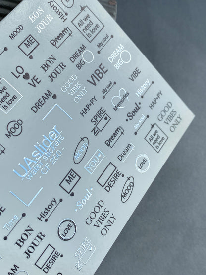 Nail Water Decal CF-250 | Minimalist Water Slide Nail Decals | Black & Silver Quotes and Words