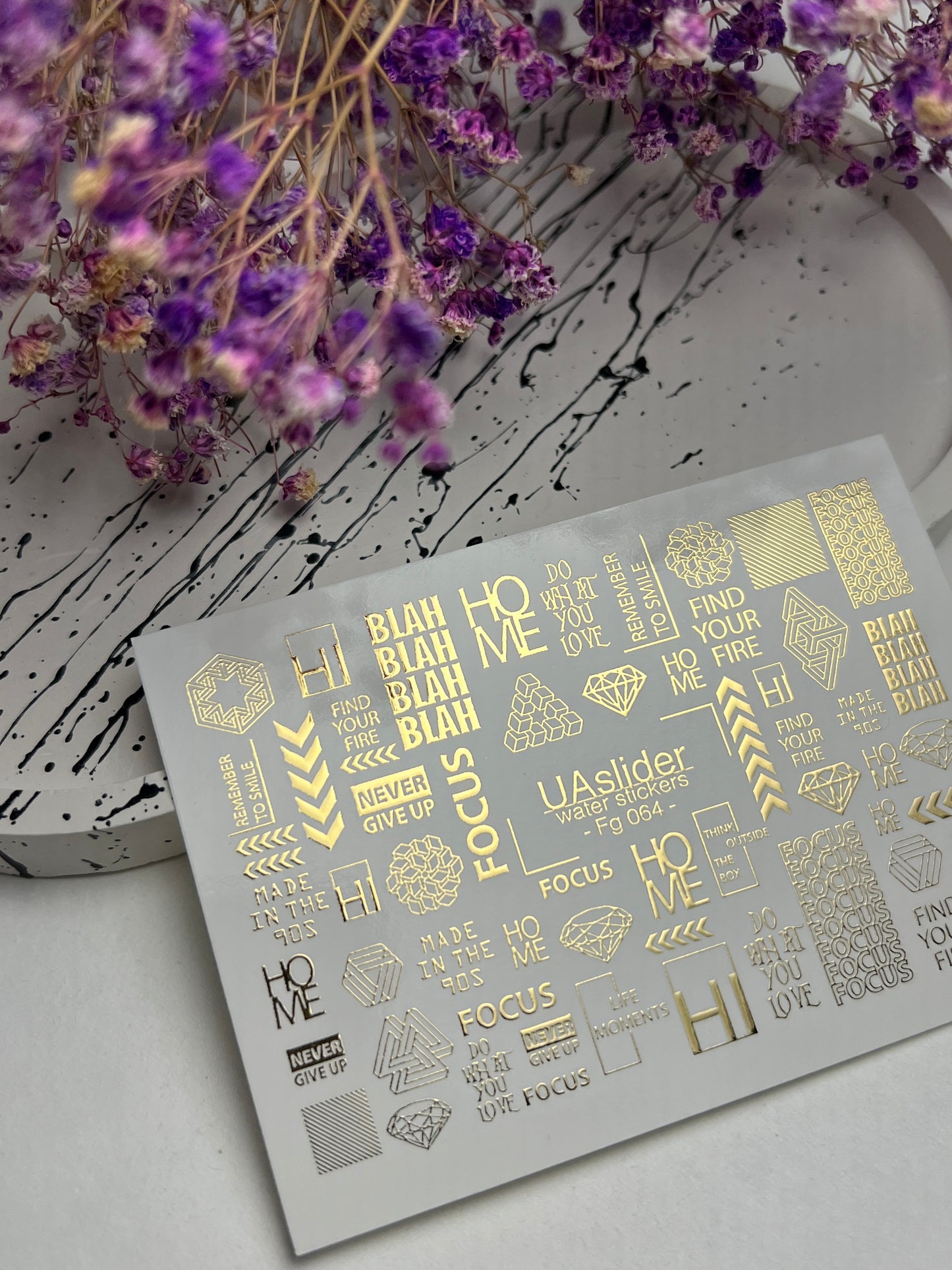 Nagel Wasserabziehbild Fg-064 | Goldfolie Wasser-Schiebefolie Nagelabziehbilder | Geometrische Formen & Motivationswörter