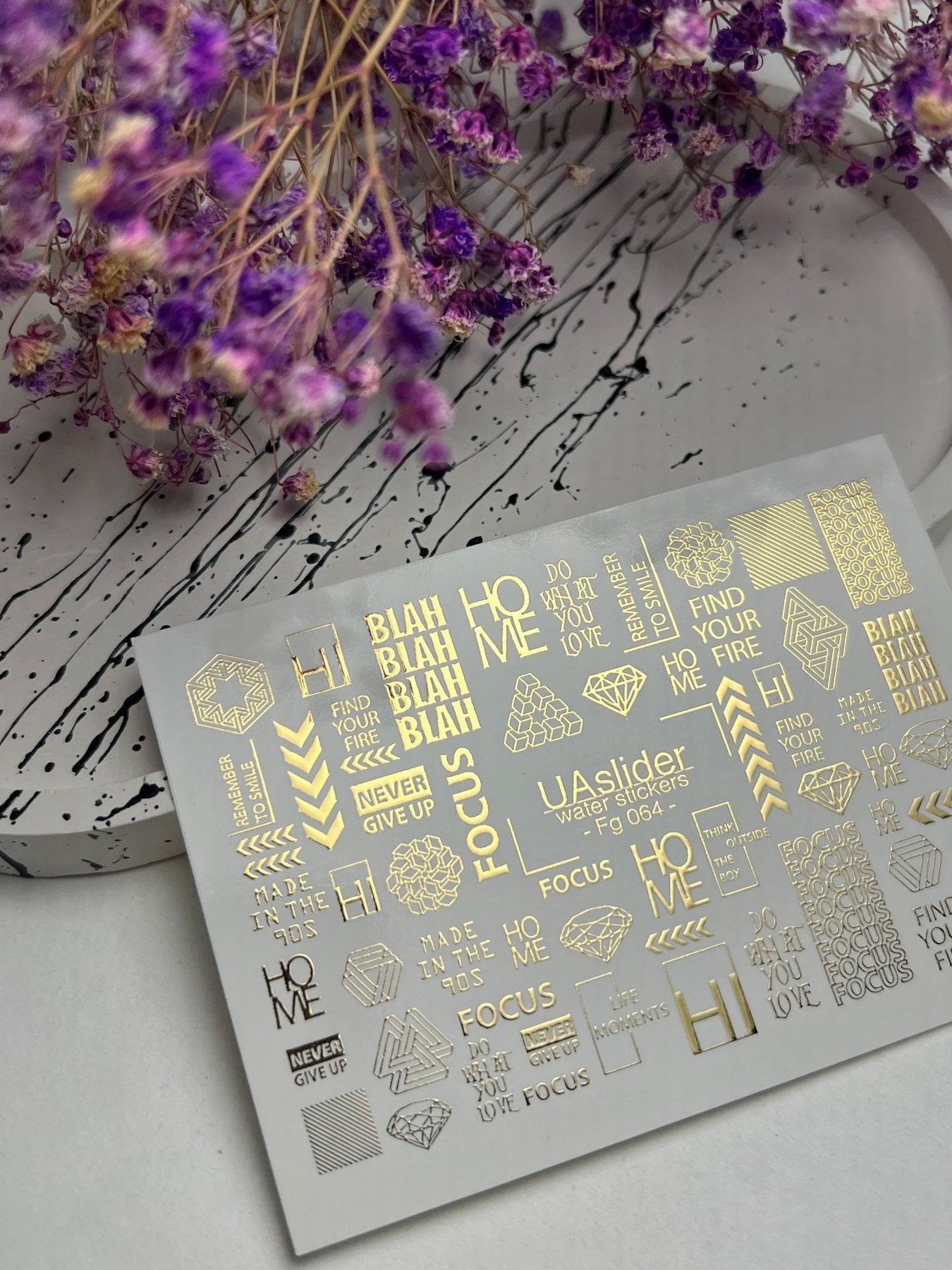 Nail Water Decal Fg-064 | Gold Foil Water Slide Nail Decals | Geometric Shapes & Motivational Words - UASLIDER