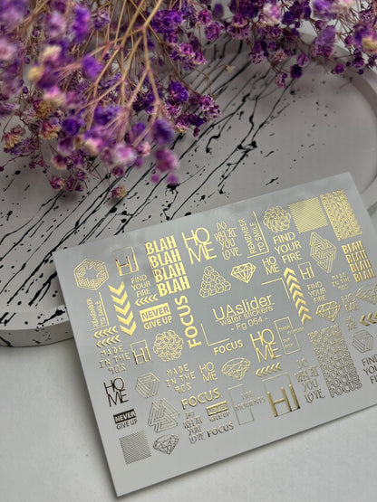 Nagel Wasserabziehbild Fg-064 | Goldfolie Wasser-Schiebefolie Nagelabziehbilder | Geometrische Formen & Motivationswörter