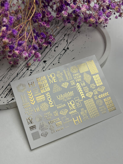 Nagel Wasserabziehbild Fg-064 | Goldfolie Wasser-Schiebefolie Nagelabziehbilder | Geometrische Formen & Motivationswörter