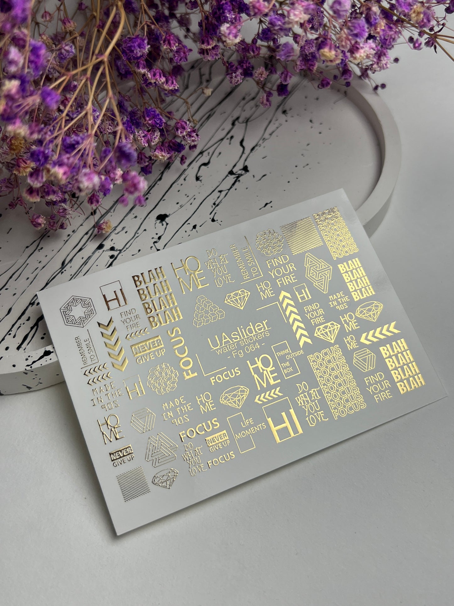 Nagel Wasserabziehbild Fg-064 | Goldfolie Wasser-Schiebefolie Nagelabziehbilder | Geometrische Formen & Motivationswörter