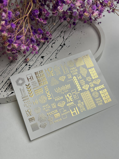 Nagel Wasserabziehbild Fg-064 | Goldfolie Wasser-Schiebefolie Nagelabziehbilder | Geometrische Formen & Motivationswörter