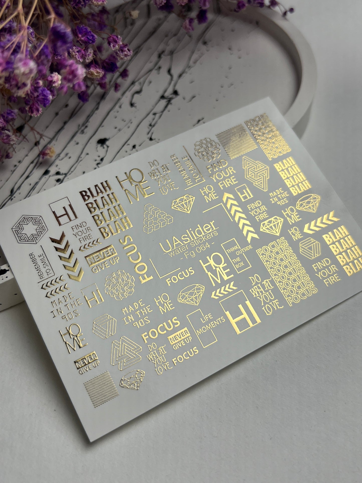 Nagel Wasserabziehbild Fg-064 | Goldfolie Wasser-Schiebefolie Nagelabziehbilder | Geometrische Formen & Motivationswörter