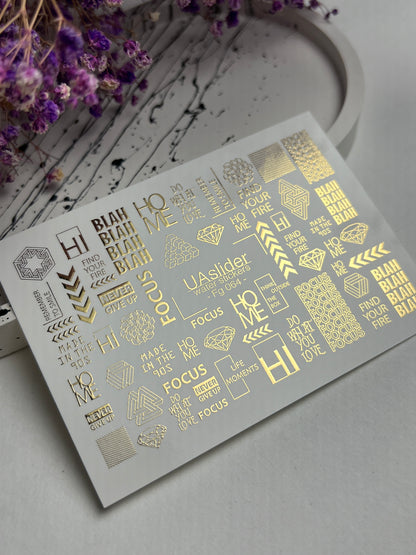 Nagel Wasserabziehbild Fg-064 | Goldfolie Wasser-Schiebefolie Nagelabziehbilder | Geometrische Formen & Motivationswörter