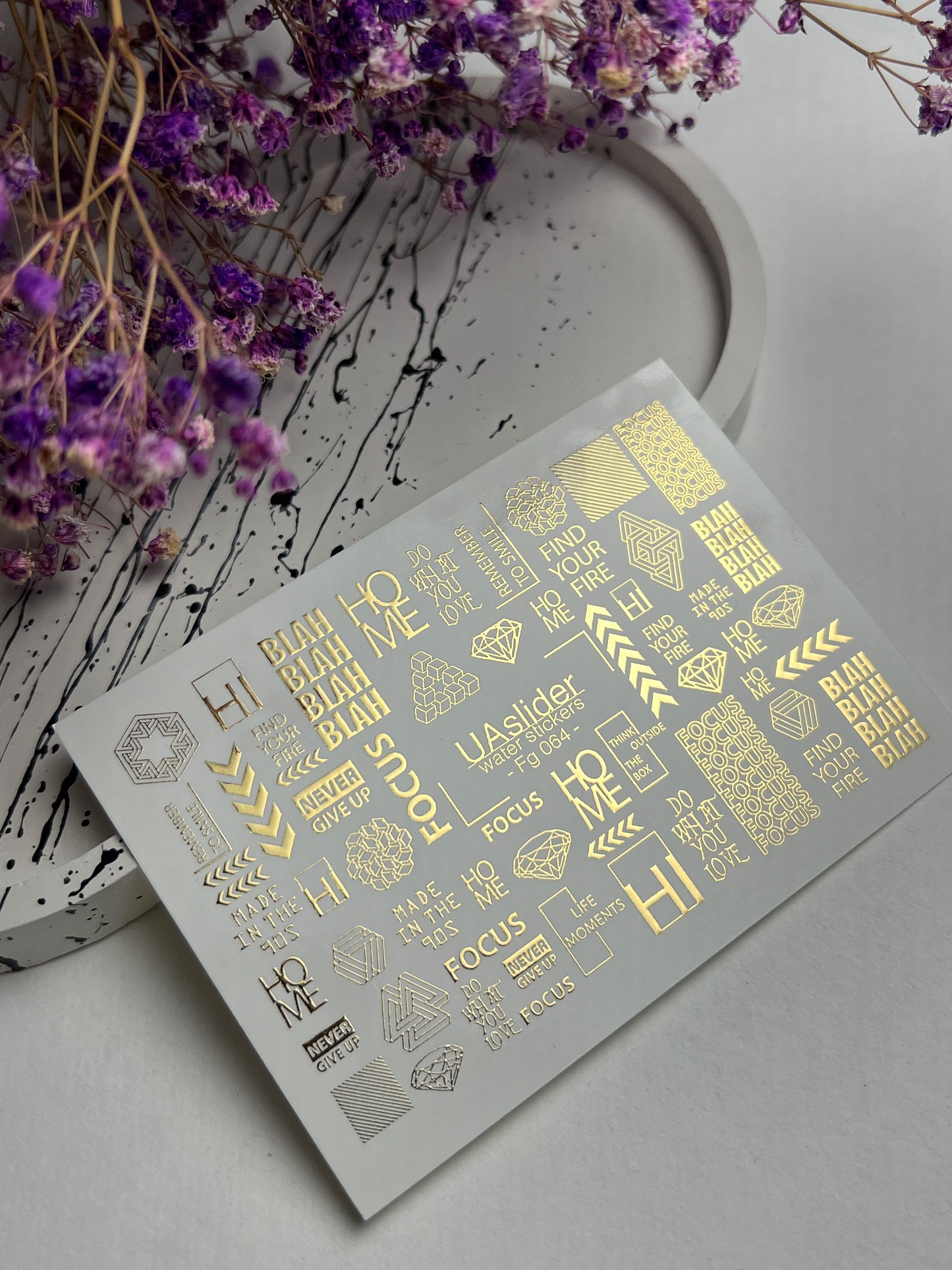 Nagel Wasserabziehbild Fg-064 | Goldfolie Wasser-Schiebefolie Nagelabziehbilder | Geometrische Formen & Motivationswörter