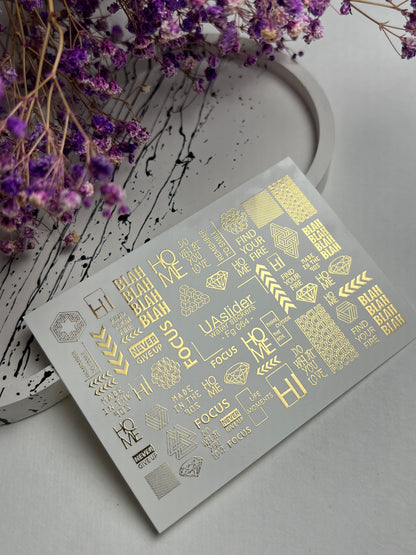 Nagel Wasserabziehbild Fg-064 | Goldfolie Wasser-Schiebefolie Nagelabziehbilder | Geometrische Formen & Motivationswörter