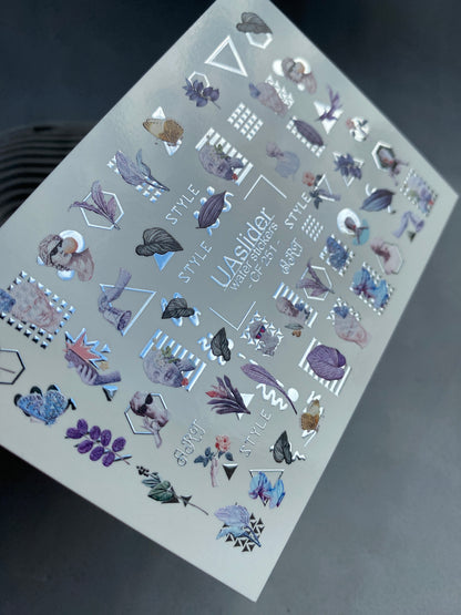 Nail Water Decal CF-251 | Botanical Water Slide Nail Decals | Abstract Geometric Leaves & Flowers