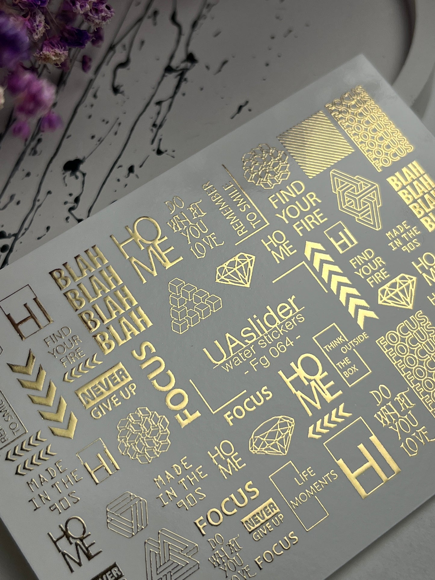 Nagel Wasserabziehbild Fg-064 | Goldfolie Wasser-Schiebefolie Nagelabziehbilder | Geometrische Formen & Motivationswörter