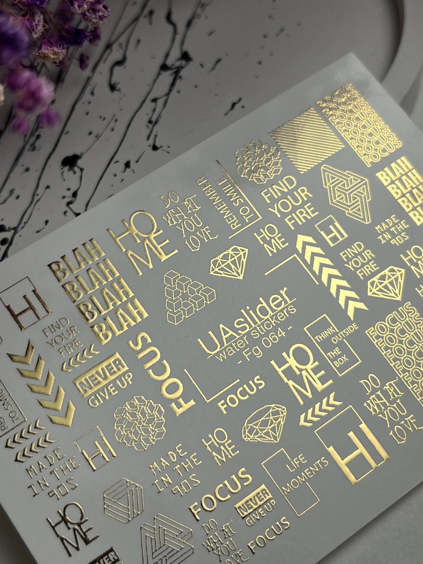 Nail Water Decal Fg-064 | Gold Foil Water Slide Nail Decals | Geometric Shapes & Motivational Words - UASLIDER