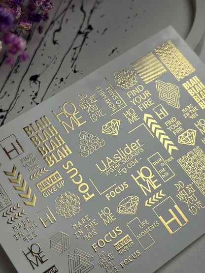 Nagel Wasserabziehbild Fg-064 | Goldfolie Wasser-Schiebefolie Nagelabziehbilder | Geometrische Formen & Motivationswörter