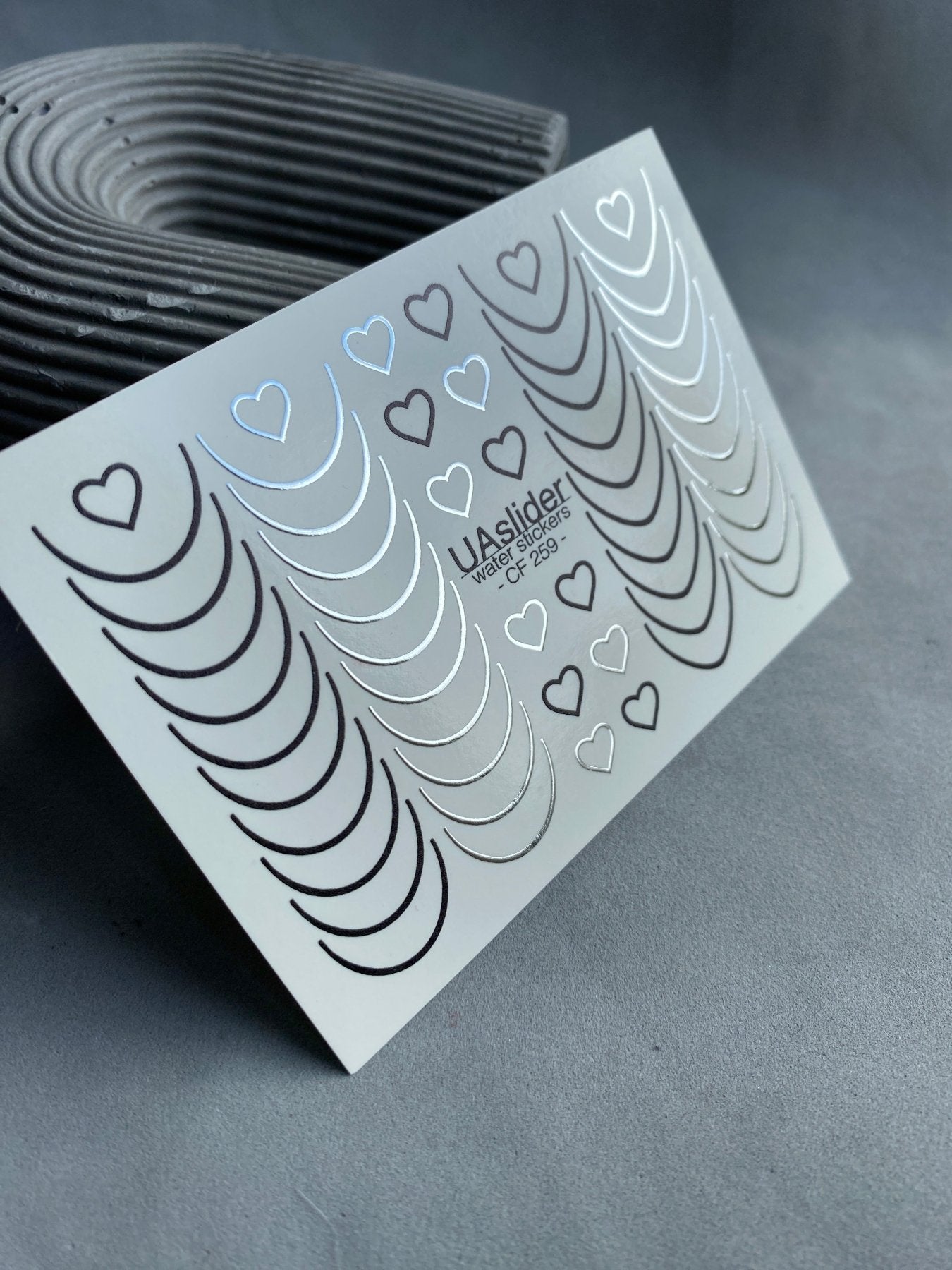 Nail Water Decal CF-259 | French Water Slide Nail Decals | Black & Silver Lines with Hearts - UASLIDER