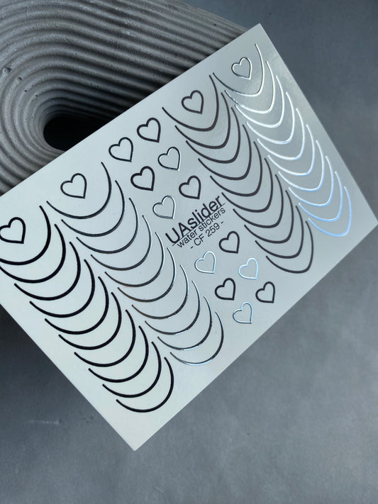 Nail Water Decal CF-259 | French Water Slide Nail Decals | Black & Silver Lines with Hearts