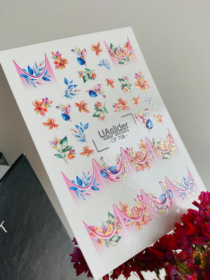 Nail Water Decal CF-708 | Water Slide Nail Decals | French Floral Design in Bright Colors