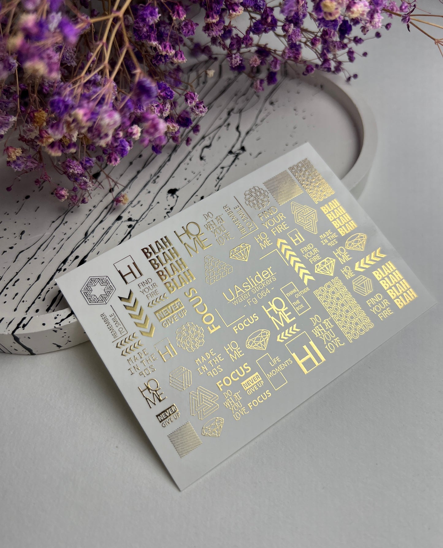 Nagel Wasserabziehbild Fg-064 | Goldfolie Wasser-Schiebefolie Nagelabziehbilder | Geometrische Formen & Motivationswörter