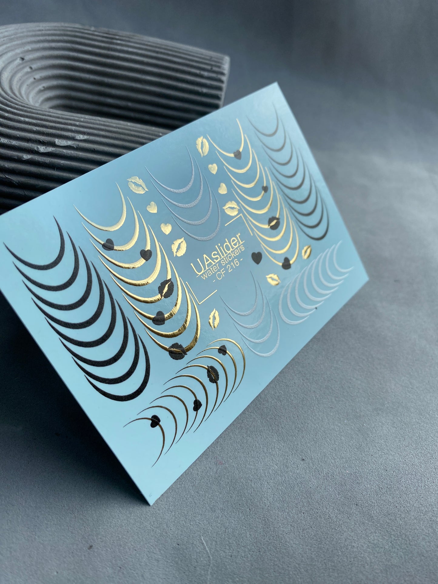 Nail Water Decal CF-216 | French Water Slide Nail Decals | Black & Gold Lines with Hearts