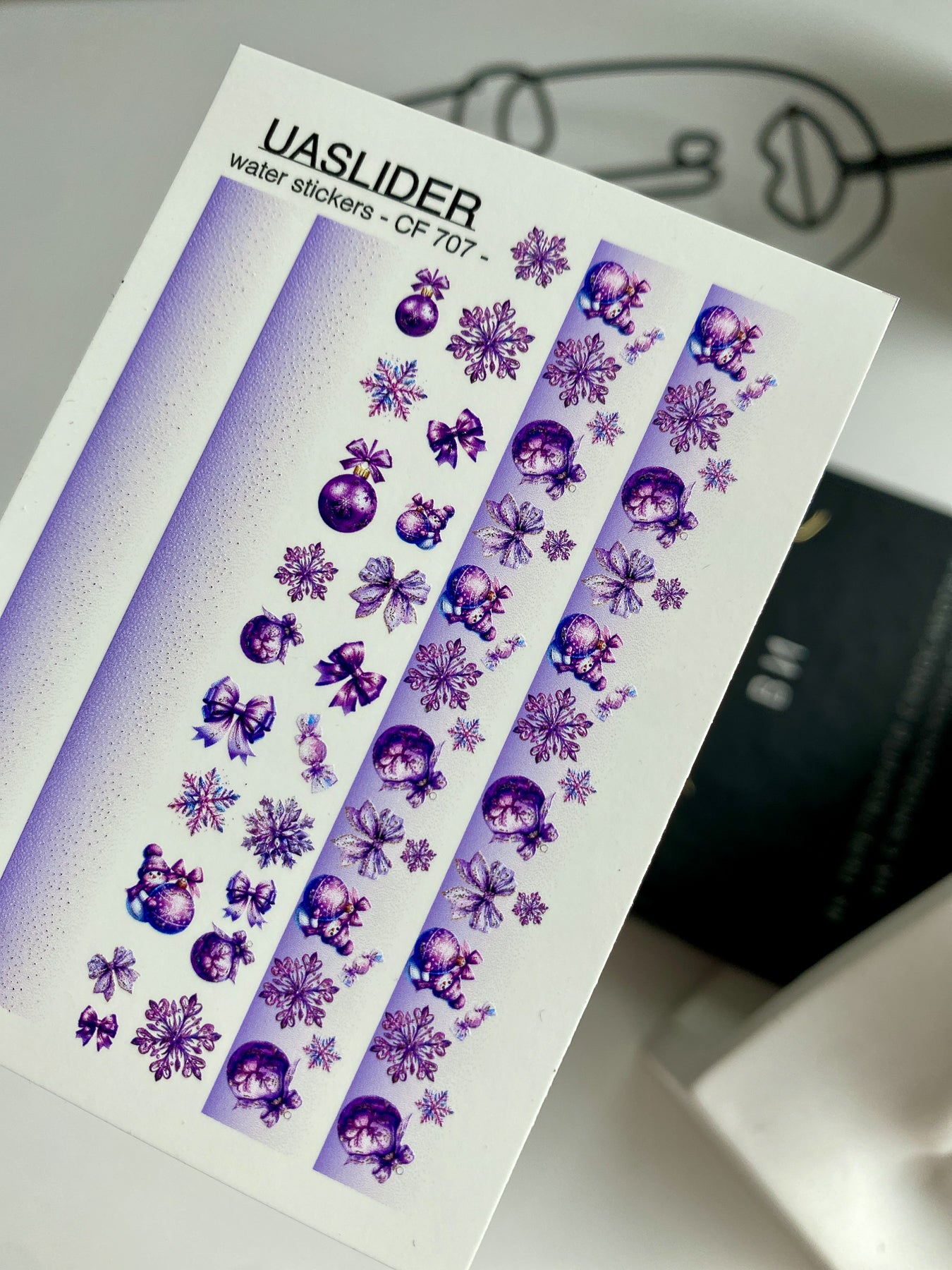 Nail Water Decal CF-707 | Christmas Water Slide Nail Decals | Purple Gradient with Ornaments and Snowflakes