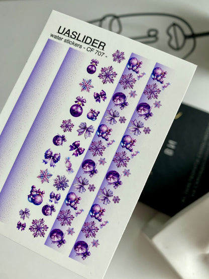 Nail Water Decal CF-707 | Christmas Water Slide Nail Decals | Purple Gradient with Ornaments and Snowflakes