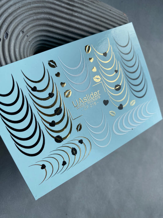 Nail Water Decal CF-216 | French Water Slide Nail Decals | Black & Gold Lines with Hearts