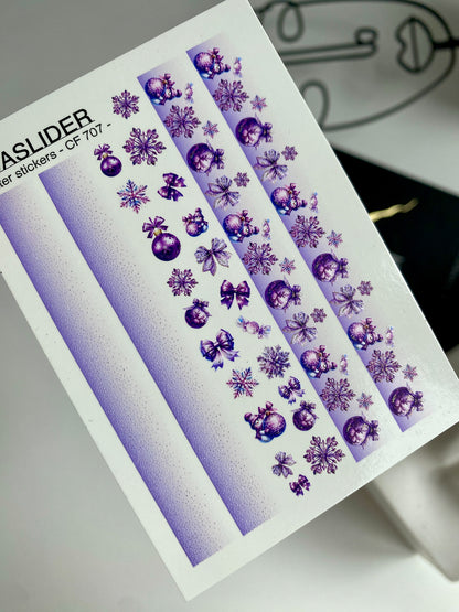 Nail Water Decal CF-707 | Christmas Water Slide Nail Decals | Purple Gradient with Ornaments and Snowflakes
