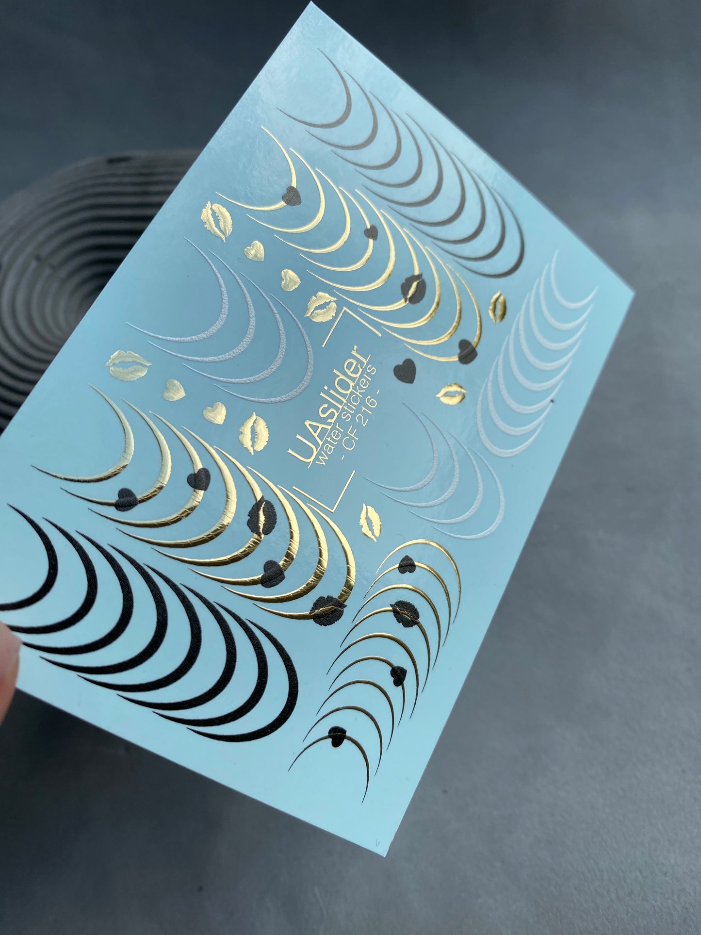 Nail Water Decal CF-216 | French Water Slide Nail Decals | Black & Gold Lines with Hearts