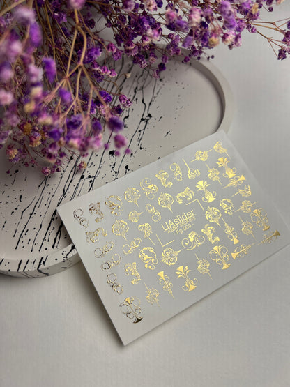 Nail Water Decal Fg-009 | Baroque Water Slide Nail Decals with Gold Foil | Ornamental Luxury Designs