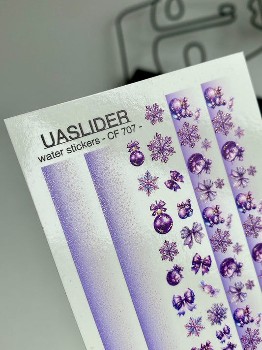 Nail Water Decal CF-707 | Christmas Water Slide Nail Decals | Purple Gradient with Ornaments and Snowflakes