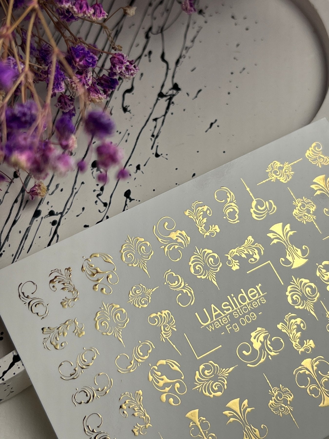 Nail Water Decal Fg-009 | Baroque Water Slide Nail Decals with Gold Foil | Ornamental Luxury Designs - UASLIDER