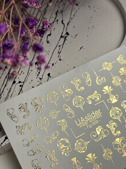 Nail Water Decal Fg-009 | Baroque Water Slide Nail Decals with Gold Foil | Ornamental Luxury Designs