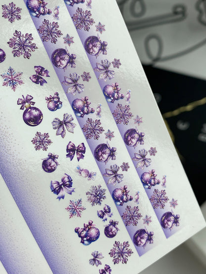 Nail Water Decal CF-707 | Christmas Water Slide Nail Decals | Purple Gradient with Ornaments and Snowflakes