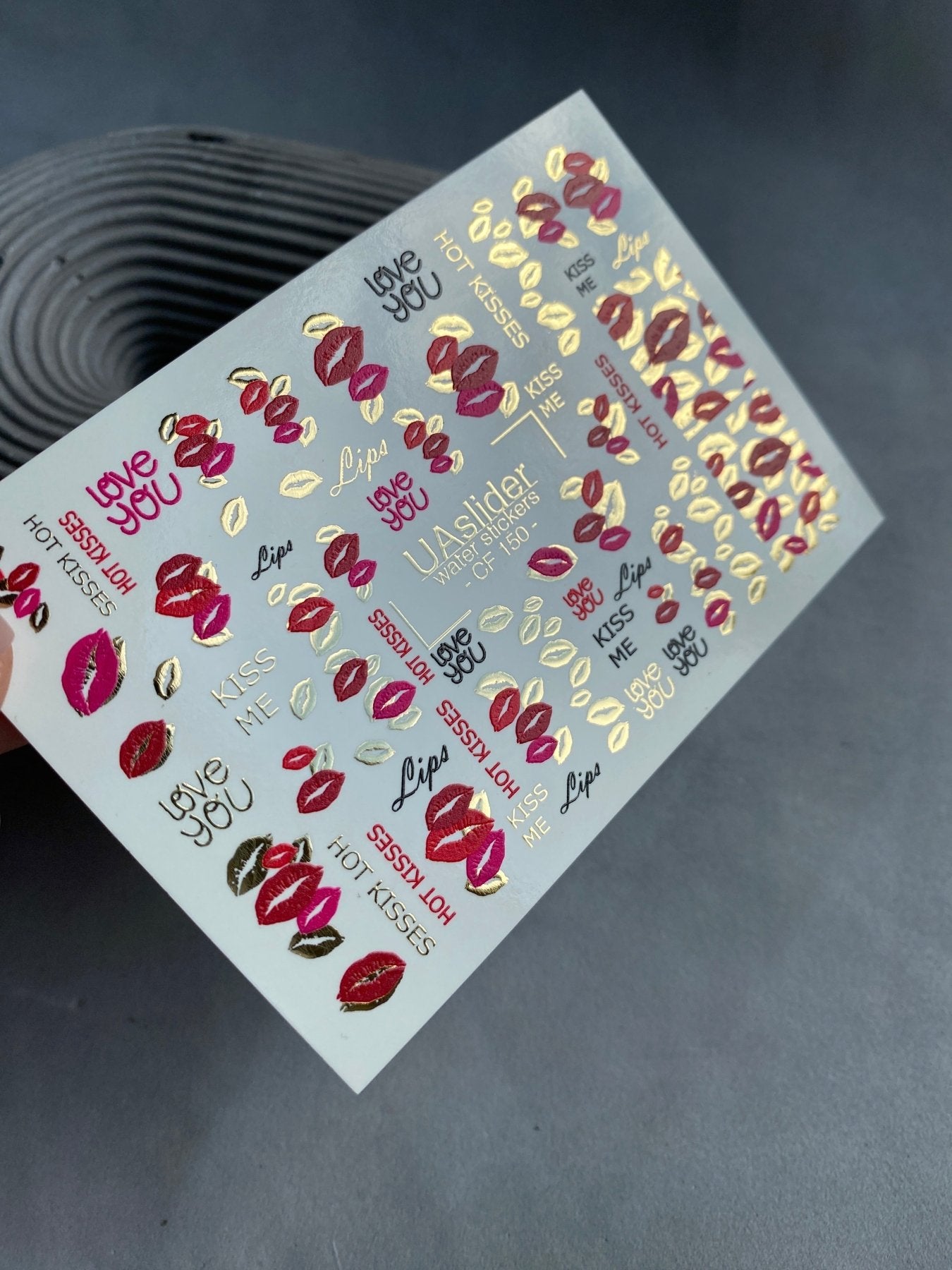 Nail Water Decal CF-150 | Kiss Print Water Slide Nail Decals | Red Lips, Love Quotes & Gold Foil - UASLIDER