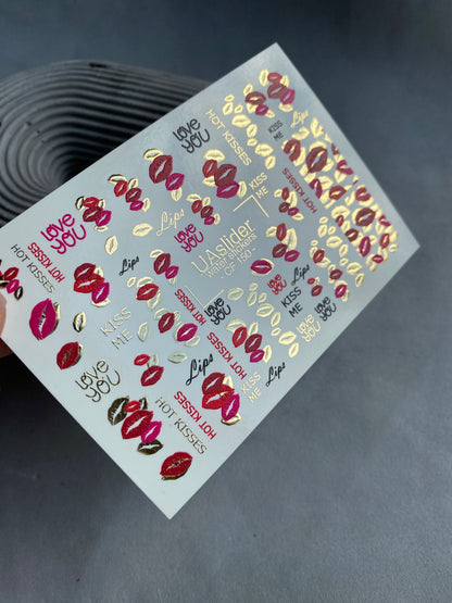 Nálepka na nehty CF-150 | Kiss Print vodní obtisky na nehty | Červené rty, milostné citáty a zlatá fólie