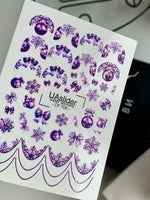 Nail Water Decal CF-706 | Christmas Water Slide Nail Decals | Purple Snowflakes and Ornaments
