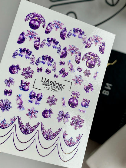 Nail Water Decal CF-706 | Christmas Water Slide Nail Decals | Purple Snowflakes and Ornaments